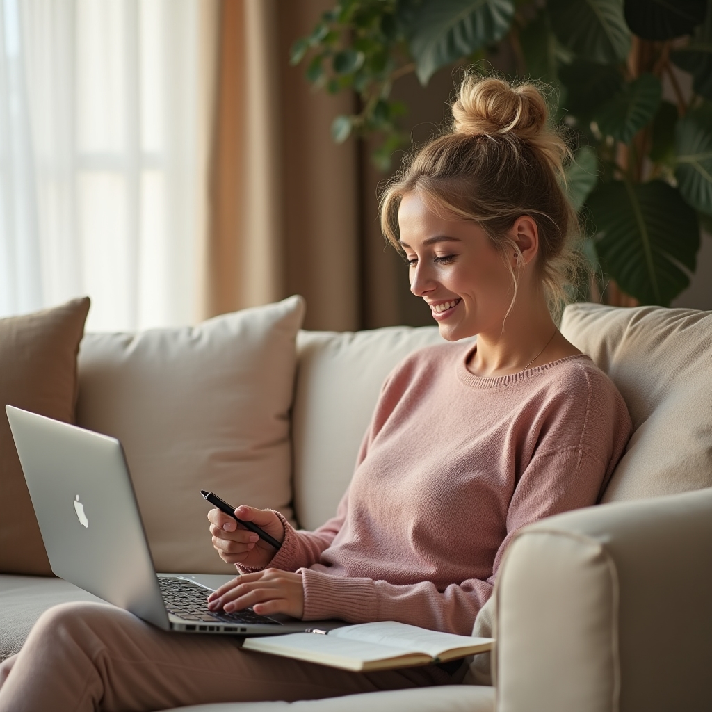 Studující při online kurzu na notebooku v útulném prostředí